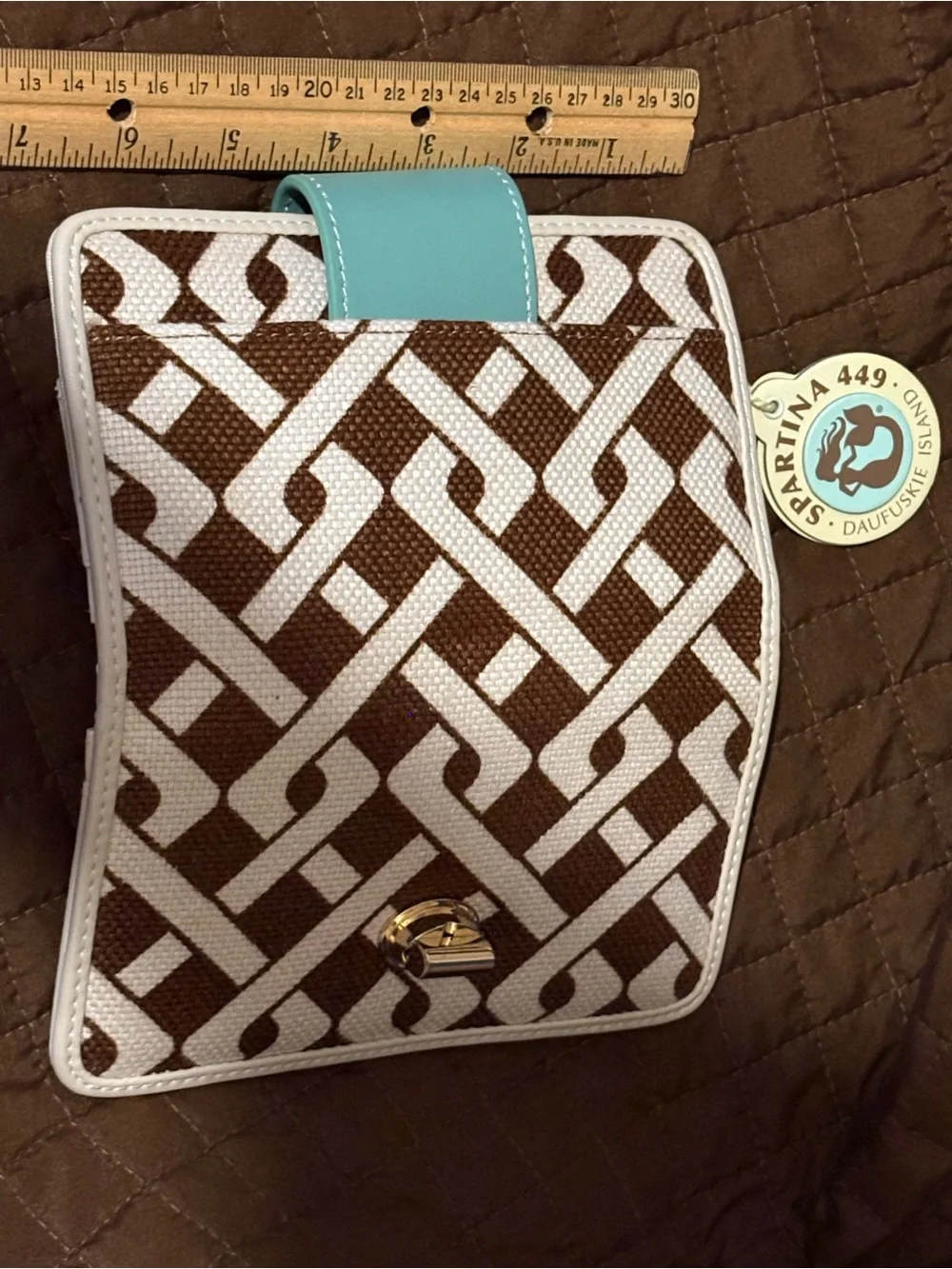 Spartina 449 Brown & White Pattern Wallet with Aqua Snap